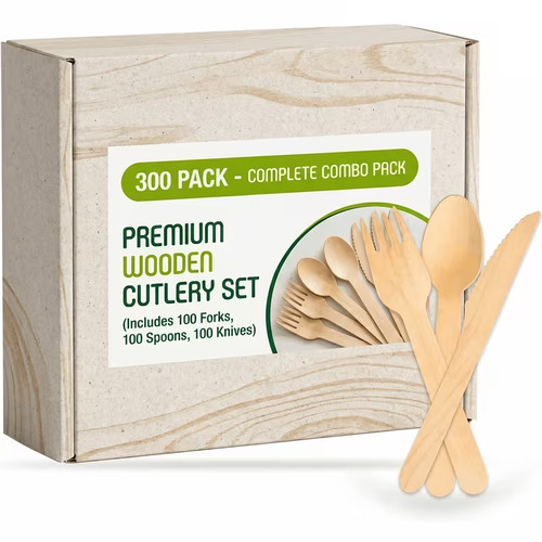 300pc wooden cutlery set - wooden,